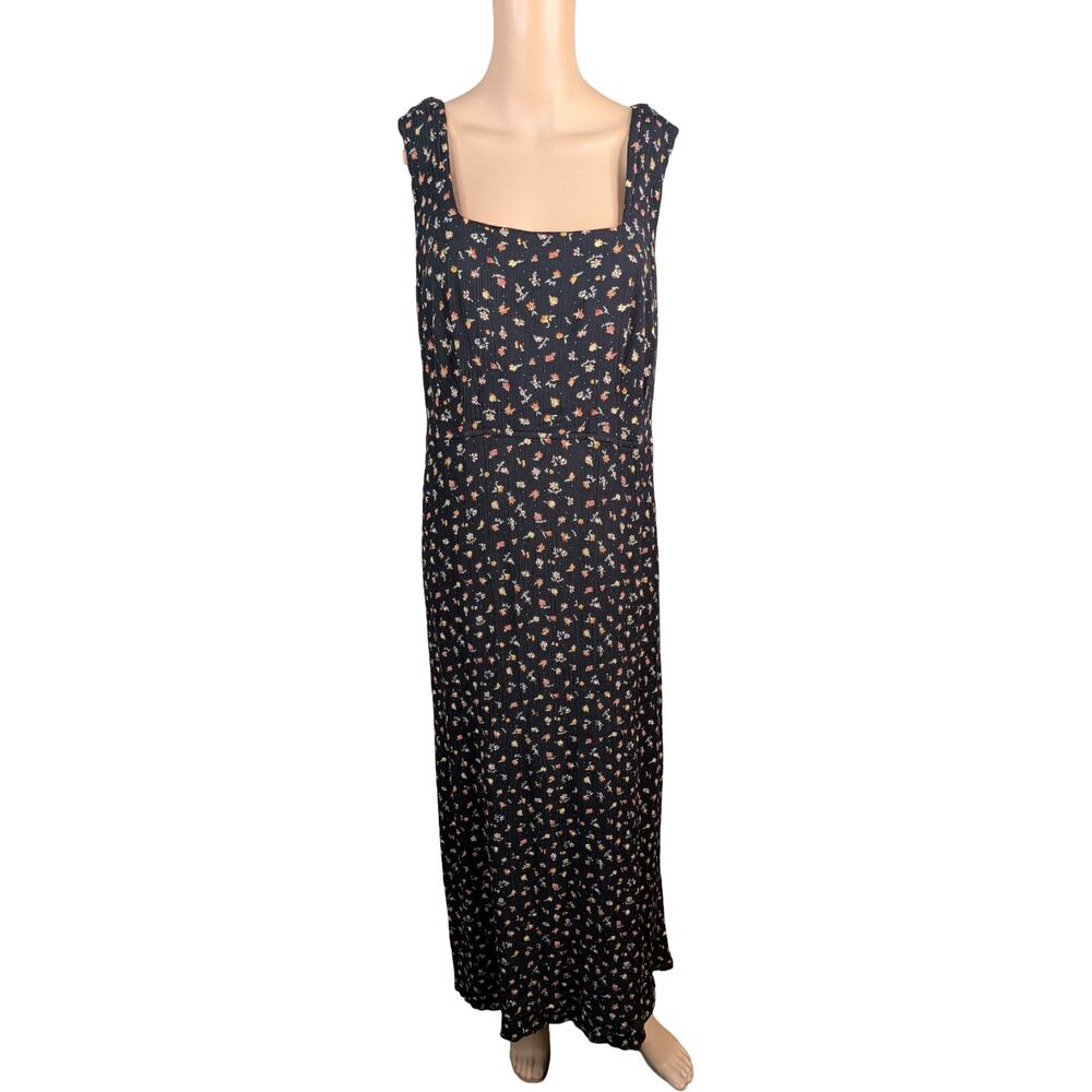 Vintage 90s Rabbit Rabbit Rabbit Black Floral Rayon Crinkle Midi Dress L/XL